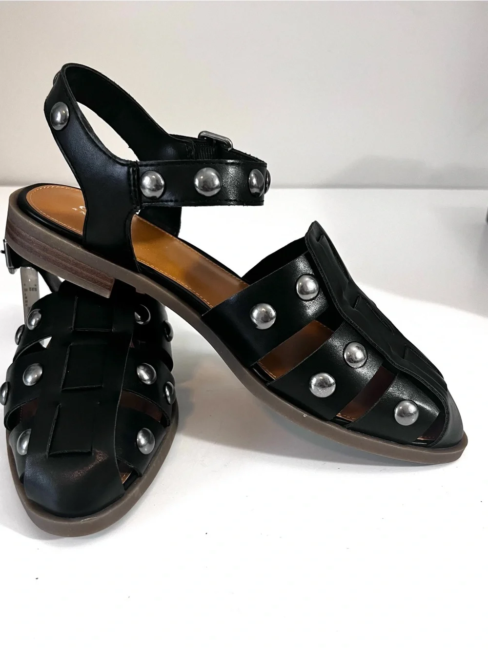 A.N.A. Black Studded Faux Leather Slingback Fisherman Sandals Flat Heel Women 7M